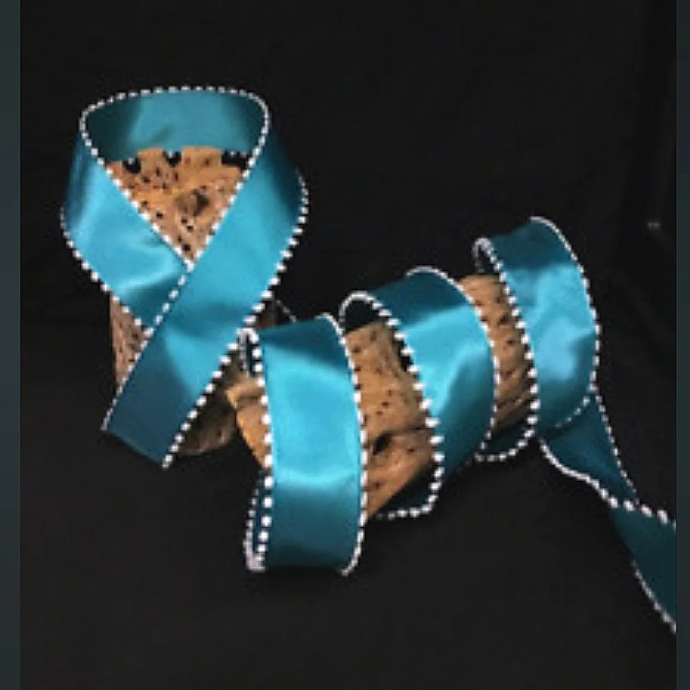 Ribbon Kirkland Wired Satiny Blue Teal Mini Pom Pom Edge 1.5